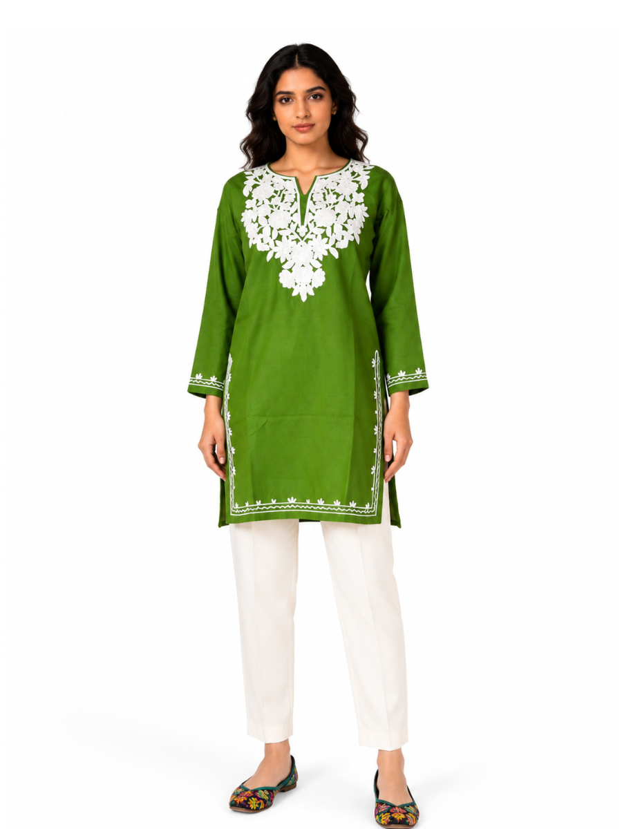 Noor : Aari embroidery summer kurti | Emerald Green